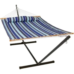 Sunnydaze Decor Sunnydaze Outdoor 2-Person Double Polyester Quilted Hammock With Wood Spreader Bar And 12ft Black Steel Stand 31 Sunnydaze Decor Sunnydaze Outdoor 2-Person Double Polyester Quilted Hammock With Wood Spreader Bar And 12ft Black Steel Stand -Sunnydaze Decor GUEST cb4818b2 8925 4a0c ae49 23ed32f71fa3