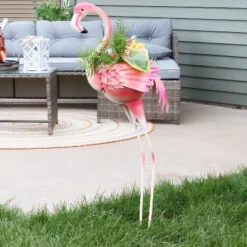 Sunnydaze Decor Sunnydaze Metal Pink Flamingo Outdoor Garden Statue With Flowerpot - 36"