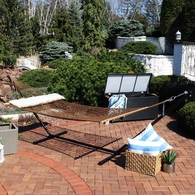 Sunnydaze Decor Sunnydaze Large Double Wide Two-Person Polyester Rope Hammock With Steel Stand - 400 Lb Weight Capacity/15' Stand - Brown 1 Sunnydaze Decor Sunnydaze Large Double Wide Two-Person Polyester Rope Hammock With Steel Stand - 400 Lb Weight Capacity/15' Stand - Brown