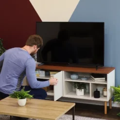 Sunnydaze Decor Sunnydaze Indoor Mid-Century Modern TV Stand Console With Side Storage Cabinet And Shelves For 55" TV