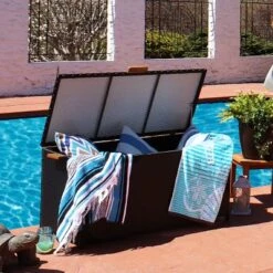 Sunnydaze Decor Sunnydaze 75 Gallon Indoor/Outdoor Acacia Wood And Resin Wicker Storage Deck Box With Hinged Lid -Sunnydaze Decor GUEST cf69d720 d3cf 4e9d ba61 e2d7d1bde61b