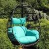 Sunnydaze Decor Sunnydaze Outdoor Resin Wicker Patio Dalia Hanging Basket Egg Chair With Cushions And Headrest - Teal - 2pc