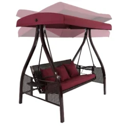 Sunnydaze Decor Sunnydaze 3-Person Outdoor Patio Swing With Adjustable Canopy Shade, Foldable Side Tables, Cushions And Pillow, Merlot -Sunnydaze Decor GUEST ddfd65b6 99b1 4d4e a352 874c8433c43e