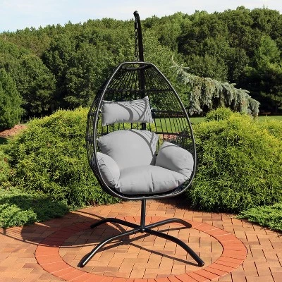 Sunnydaze Decor Sunnydaze Outdoor Resin Wicker Patio Delaney Hanging Basket Egg Chair With Cushions, Headrest, And Steel Stand Set - Gray - 3pc 1 Sunnydaze Decor Sunnydaze Outdoor Resin Wicker Patio Delaney Hanging Basket Egg Chair With Cushions, Headrest, And Steel Stand Set - Gray - 3pc