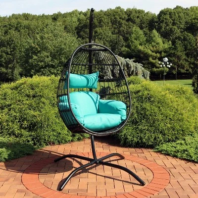 Sunnydaze Decor Sunnydaze Outdoor Resin Wicker Patio Dalia Hanging Basket Egg Chair With Cushions, Headrest, And Steel Stand Set - Teal - 3pc 1 Sunnydaze Decor Sunnydaze Outdoor Resin Wicker Patio Dalia Hanging Basket Egg Chair With Cushions, Headrest, And Steel Stand Set - Teal - 3pc