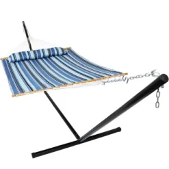 Sunnydaze Decor Sunnydaze 2-Person Quilted Fabric Spreader Bar Hammock With Detachable Pillow And Stand - 400 Lb Weight Capacity/15' Stand -Sunnydaze Decor GUEST e7252157 cb03 4944 b77f 373929c90465