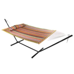 Sunnydaze Decor Sunnydaze Outdoor 2-Person Double Polyester Quilted Hammock With Wood Spreader Bar And 12ft Black Steel Stand 27 Sunnydaze Decor Sunnydaze Outdoor 2-Person Double Polyester Quilted Hammock With Wood Spreader Bar And 12ft Black Steel Stand -Sunnydaze Decor GUEST ecdab1d7 64be 496a 84f5 f261ff800535