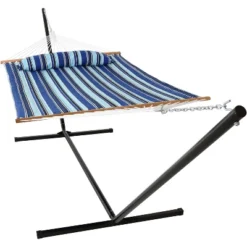 Sunnydaze Decor Sunnydaze 2-Person Quilted Fabric Spreader Bar Hammock With Detachable Pillow And Stand - 400 Lb Weight Capacity/15' Stand -Sunnydaze Decor GUEST ee272b6d 1e3f 4513 b4c6 047bdf9a47ea