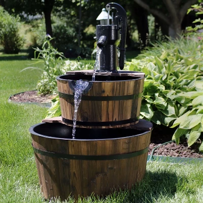 Sunnydaze Decor Sunnydaze 34"H Electric Fir Wood 2-Tier Farmhouse Barrel With Metal Decorative Hand Pump Outdoor Water Fountain 1 Sunnydaze Decor Sunnydaze 34"H Electric Fir Wood 2-Tier Farmhouse Barrel With Metal Decorative Hand Pump Outdoor Water Fountain