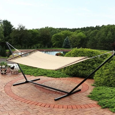 Sunnydaze Decor Sunnydaze Outdoor 2-Person Double Polyester Rope Hammock With Wood Spreader Bar And 15ft Black Steel Stand 1 Sunnydaze Decor Sunnydaze Outdoor 2-Person Double Polyester Rope Hammock With Wood Spreader Bar And 15ft Black Steel Stand
