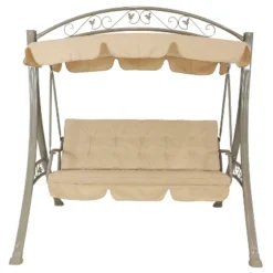 Sunnydaze Decor Sunnydaze Outdoor 3-Person Steel Patio Swing With Adjustable Canopy And Tufted Cushions, Beige -Sunnydaze Decor GUEST f990d504 d152 49f6 b0bc 4ad325347dc8