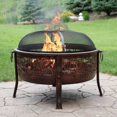Sunnydaze Decor Sunnydaze Outdoor Camping Or Backyard Steel Northwoods Fishing Fire Pit With Spark Screen - 30" - Bronze 1 Sunnydaze Decor Sunnydaze Outdoor Camping Or Backyard Steel Northwoods Fishing Fire Pit With Spark Screen - 30" - Bronze