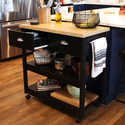 Sunnydaze Decor Sunnydaze MDF Indoor Farmhouse Style Kitchen Island Cart With Drawers And Shelves - 34.25" H - Black 1 Sunnydaze Decor Sunnydaze MDF Indoor Farmhouse Style Kitchen Island Cart With Drawers And Shelves - 34.25" H - Black