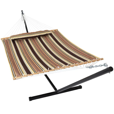 Sunnydaze Decor Sunnydaze Outdoor 2-Person Double Polyester Quilted Hammock With Wood Spreader Bar And 12ft Black Steel Stand 9 Sunnydaze Decor Sunnydaze Outdoor 2-Person Double Polyester Quilted Hammock With Wood Spreader Bar And 12ft Black Steel Stand - Image 9