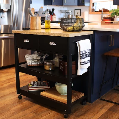 Sunnydaze Decor Sunnydaze MDF Indoor Farmhouse Style Kitchen Island Cart With Drawers And Shelves - 34.25" H - Black 4 Sunnydaze Decor Sunnydaze MDF Indoor Farmhouse Style Kitchen Island Cart With Drawers And Shelves - 34.25" H - Black - Image 4